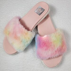 Dolce Vita “Jinah” Faux Fur Colorful Pastel Tie Dye Print Slides Size 9